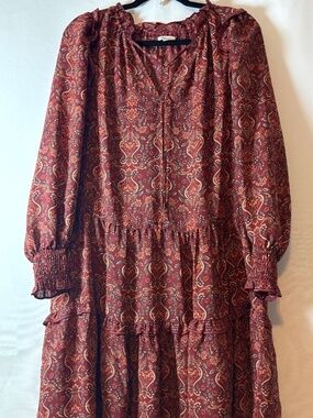 Boho Paisley Tiered Dress Burgundy Long Sleeve Smocked Cuffs Max Studio Size M